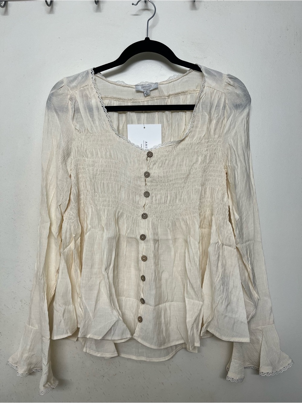 Cream Lace-Trim Smocked Button Blouse